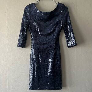 Lulus Navy Blue Sequin Bodycon 3/4 Sleeve Mini Dress Size Small